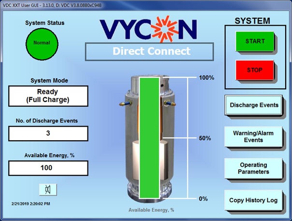The VDC user interface screen provides rotor speed, change capacity, discharge event history, adjustable voltage–settings, RS-232/485 interface, alarm status contacts, soft-start pre-charge from DC bus and push-button shutdown.